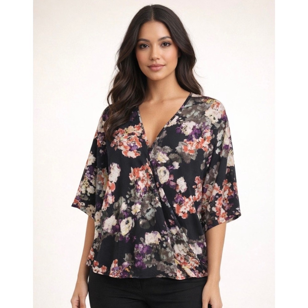 Bobeau Floral Wrap Blouse Black and Purple Medium
